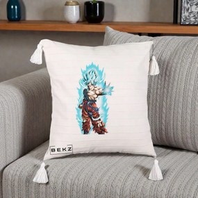 Perna Personalizata Dragon Ball Goku Ultra Instinct Blue, 40x40 cm, Bej cu Franjuri, Husa Detasabila, Perna Inclusa, BEKZ®