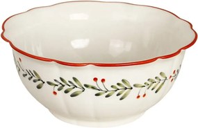 Bol din ceramică artizanală albă cu motiv de Crăciun pictat manual, frunze și fructe roșii, margini ondulate, 22 × 10 cm, „Esther Lingonberry"