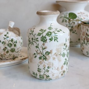 Vază din ceramică albă antichizată, pictată manual, cu decor floral-vegetal, 17,5x11 cm, „Grasse"