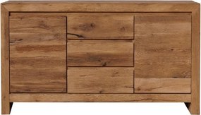 Comodă cu uși și sertare, rustică, din lemn de stejar, natur, cu 3 sertare, 2 uși și 2 rafturi, 90 x 160 x 48 cm, „Newhill”