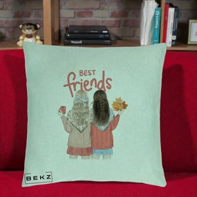 Cadou pentru Prieteni - Perna Personalizata Best Friends Toamna, 40x40 cm, Verde Menta, Husa Detasabila, Perna Inclusa, BEKZ®