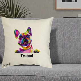 Perna Personalizata Bulldog Francez I'm Cool, 40x40 cm, Ecru, Husa Detasabila, Perna Inclusa, BEKZ®