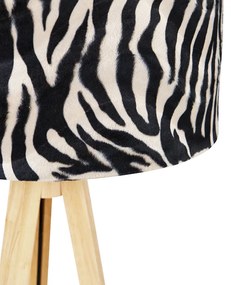 Lampa de podea din lemn cu abajur din material textil cu imprimeu zebră 50 cm - Tripod Classic
