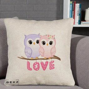 Perna Decorativa Love Bufnite Indragostite pe Crenguta Roz si Mov, 40x40 cm, Bej Canapea, Husa Detasabila, Perna Inclusa, BEKZ®