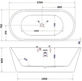 Set cada baie ovala freestanding 170 x 75 cm, Ovale Foglia, plus baterie freestanding, negru mat cu pipa pivotanta