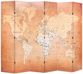 vidaXL Paravan de cameră pliabil, galben, 228 x 170 cm, harta lumii