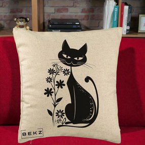 Perna Decorativa Pisica Neagra Grafica Minimalista, 40x40 cm, Bej, Husa Detasabila, Perna Inclusa, BEKZ®