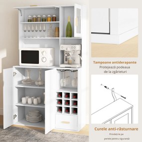 HOMCOM Dulap de Bucătărie cu Depozit de Vinuri, Bufet cu Cabină, Blat cu Microunde, Sertar, Poliță, Uși din Sticlă, 100x38x172 cm, Alb | Aosom Romania