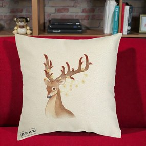 Perna Decorativa Ren cu Luminite de Craciun, 40x40 cm, Ecru, Husa Detasabila, Perna Inclusa, BEKZ®