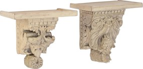 Raft de perete din lemn de tec, natur, cu decor sculptat manual, aspect vintage, 30 x 32,5 x 21 cm, „Orgon”
