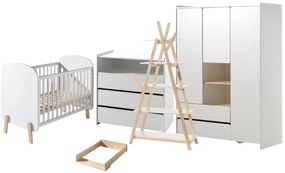 Set KIDDY este compusă dintr-un Pat copii pentru copii (60x120), comodă cu 3 sertare cu schimbător, Dulap camera copii cu 3 uși și bibliotecă.