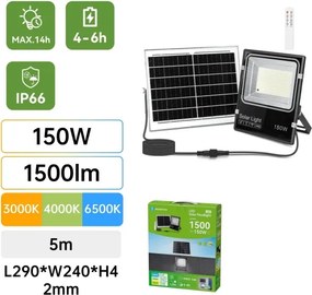 Aigostar-LED Proiector solar LED/150W/3,2V 3000mAh 3000K/4000K/6500K IP66 + telecomandă
