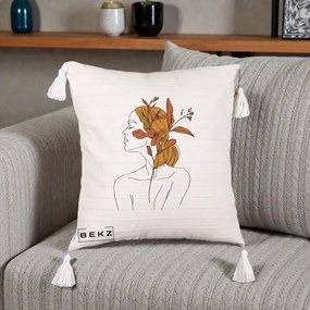 Perna Decorativa Portret Feminin Crin Ruginiu Auriu, 40x40 cm, Bej cu Franjuri, Husa Detasabila, Perna Inclusa, BEKZ®