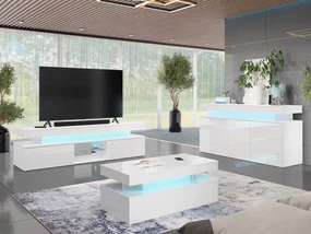 Set mobilier living Lesteralo I (alb + alb lucios) (cu iluminat LED). 1105961