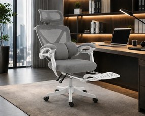 ELITE PRO 870GR – Scaun Ergonomic Premium, Mesh Respirabil, Tetieră Reglabilă, Suport Lombar, Suport pentru Picioare Retractabil, Funcție Recliner, Reglaj pe Înălțime, Gri