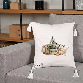 Perna Decorativa Colt Cozy de Craciun Boho, 40x40 cm, Bej cu Franjuri, Husa Detasabila, Perna Inclusa, BEKZ®