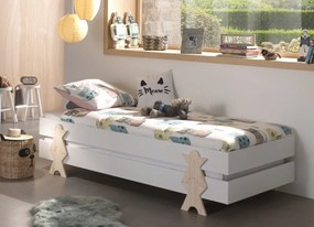 Set 2 paturi stivuibile pentru copii MODULO, alb, din MDF și pin masiv, cu somiere cu lamele incluse – Vipack
