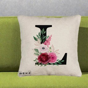 Cadou Personalizat - Perna Personalizata Monograma Florala Litera L, 40x40 cm, Bej Canapea, Husa Detasabila, Perna Inclusa, BEKZ®