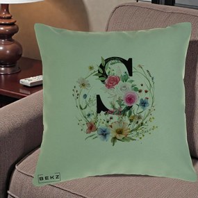 Cadou Personalizat - Perna Personalizata Monogram Litera S cu Flori Acuarela, 40x40 cm, Verde, Husa Detasabila, Perna Inclusa, BEKZ®