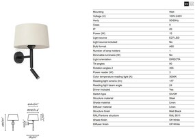 Aplica de perete cu reader LED WINDSOR negru, alb
