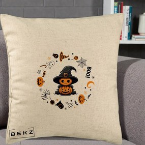 Perna Decorativa Halloween Dovleac Vrajitor Boo cu Simboluri, 40x40 cm, Bej, Husa Detasabila, Perna Inclusa, BEKZ®