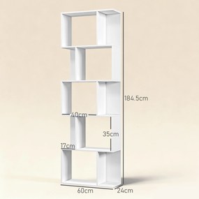 HOMCOM Raft pentru Cărți cu 5 Rafturi Separate, Bibliotecă în Formă de S din Lemn, 60x24x184,5 cm, Alb | Aosom Romania