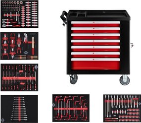 Cărucior de atelier cu scule, 250 piese - 7 sertare + dulap