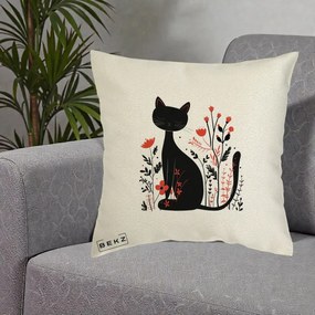 Perna Decorativa Pisica Neagra Flori Rosii Folk Minimal, 40x40 cm, Ecru, Husa Detasabila, Perna Inclusa, BEKZ®