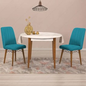 Masa bucatarie rotunda Brigitte, culoare alb si nuc, 90 cm