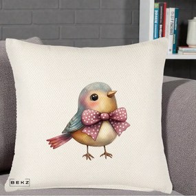 Perna Decorativa Pasare Bleu cu Fundita Roz, 40x40 cm, Crem Reliefat, Husa Detasabila, Perna Inclusa, BEKZ®
