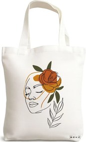 Sacosa de Panza pentru Cumparaturi, Geanta Tote, Flower Lady 7, 38x34.5 cm, Alba, BEKZ®