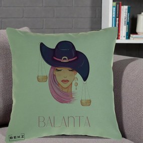 Perna Personalizata Zodiac Balanta Cowgirl, 40x40 cm, Verde, Husa Detasabila, Perna Inclusa, BEKZ®
