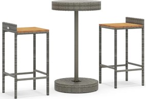 vidaXL Set bar pentru grădină, 3 piese, gri, poliratan/lemn acacia