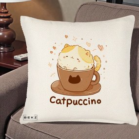 Perna Decorativa Catpuccino Pisica Cappuccino, 40x40 cm, Crem Reliefat, Husa Detasabila, Perna Inclusa, BEKZ®