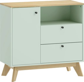 HOMCOM Bufet pentru living, mobilier de depozitare cu ușă, 2 sertare, compartiment deschis și raft reglabil, verde deschis și stejar | Aosom Romania