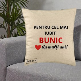 Cadou pentru Bunic - Perna Personalizata Pentru Cel Mai Iubit Bunic La Multi Ani Rosu, 40x40 cm, Bej, Husa Detasabila, Perna Inclusa, BEKZ®