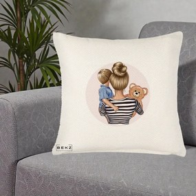 Cadou pentru Mama - Perna Personalizata Mama si Baietelul cu Ursulet, 40x40 cm, Crem Reliefat, Husa Detasabila, Perna Inclusa, BEKZ®
