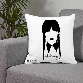 Perna Personalizata Wednesday Addams Silueta Alb-Negru, 40x40 cm, Alba Mata, Husa Detasabila, Perna Inclusa, BEKZ®
