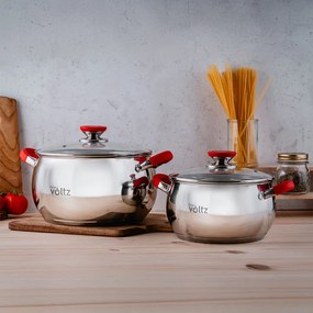 Oala Oliver Voltz OV51210N28, 28 cm, 10.45 L, Inductie, Manere din silicon, Inox/Roşu