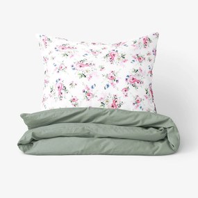 Goldea lenjerie de pat din 100% bumbac duo - sakura roz cu petale cu verde salvie 140 x 220 și 50 x 70 cm