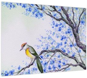 Tablou pe sticlă - Pasăre pe un copac cu flori albastre (70x50 cm)
