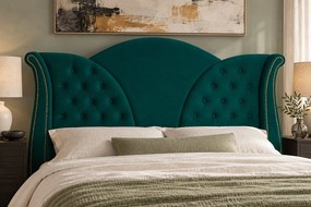 Pat tapițat Chesterfield din catifea Velora Deluxe Classic 140×200 cm, verde, cu ladă de depozitare