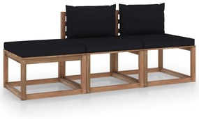 Set mobilier gradina paleti cu perne, 3 piese,din lemn de pin tratat Negru, 2x mijloc + suport pentru picioare, 1