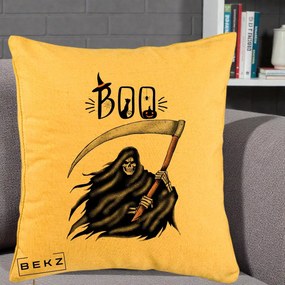 Perna Decorativa Halloween Boo Grim Reaper cu Coasa, 40x40 cm, Galben, Husa Detasabila, Perna Inclusa, BEKZ®