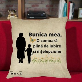 Cadou pentru Bunica - Perna Personalizata Bunica Mea Comoara cu Fluture si Baietel, 40x40 cm, Crem, Husa Detasabila, Perna Inclusa, BEKZ®