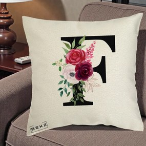 Cadou Personalizat - Perna Personalizata Monograma Florala Litera F, 40x40 cm, Ecru, Husa Detasabila, Perna Inclusa, BEKZ®