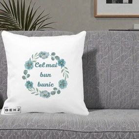 Cadou pentru Bunic - Perna Personalizata Cel Mai Bun Bunic Coronita Flori Albastre Teal, 40x40 cm, Alba Mata, Husa Detasabila, Perna Inclusa, BEKZ®