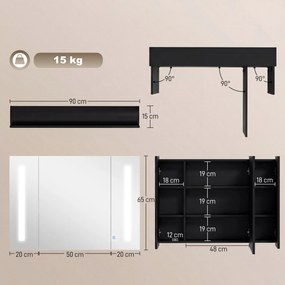 Dulap de baie LED cu oglinda Kleankin, Organizator de depozitare reglabil montat pe perete cu 3 usi cu oglinda si rafturi reglabile, Functie de memorare, incarcare USB, Negru lucios | Aosom Romania