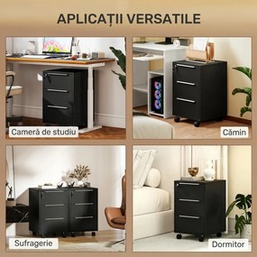 HOMCOM Fișet de Birou cu 3 Sertare, 4 Roți, Casetieră cu Încuietoare și 2 Chei, Negru | Aosom Romania