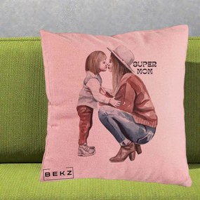 Cadou pentru Mama - Perna Personalizata Super Mom Acuarela, 40x40 cm, Roz, Husa Detasabila, Perna Inclusa, BEKZ®